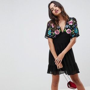 ASOS Design Tiered Mini Dress W/ Floral Embroidery